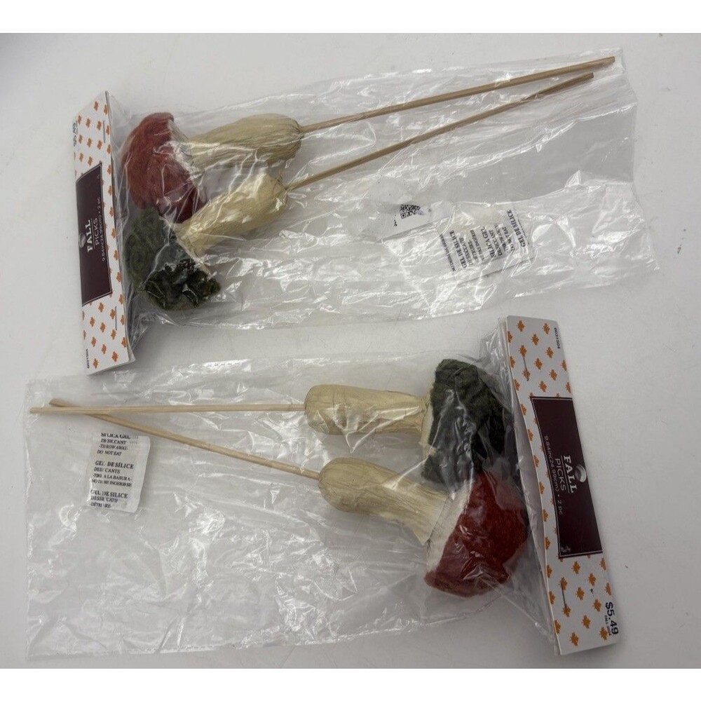 Fall Paper Mache Mushroom Picks Set of 2 Floral Garden Craft Décor NIP